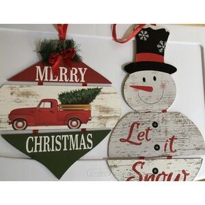 2 Merry Christmas Decorations Wall Hangings Let It Snow Snowman Red Truck w/Tree